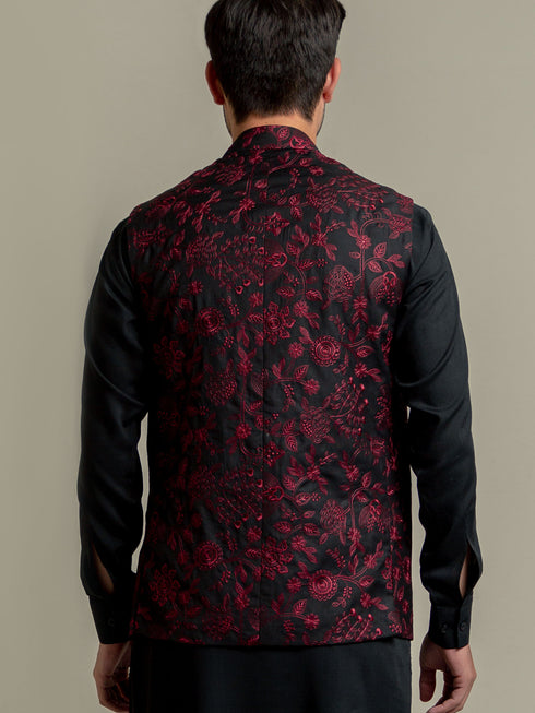 Black & Maroon Embroidered Sartoria Waistcoat Brumano Pakistan