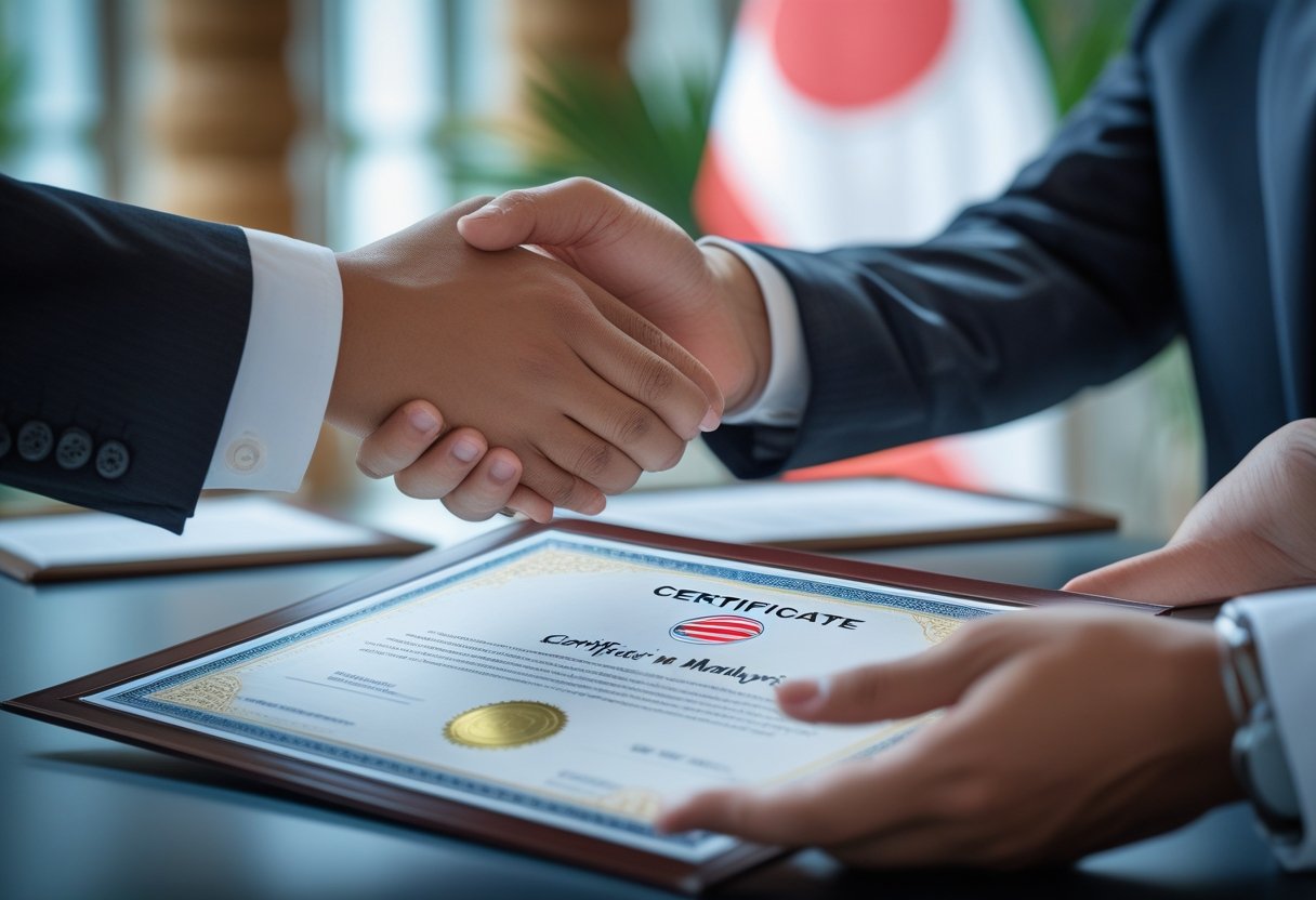 Buy Certificate Malaysia  Hands exchanging an official certificate with a blurred Malaysian flag in the background.