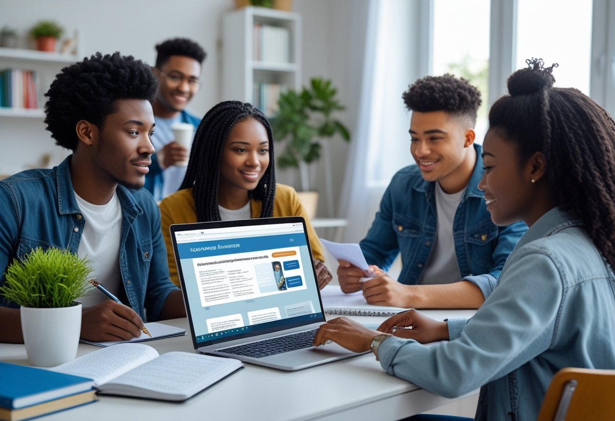Buy Certificate Malaysia  A group of young adults studying together online in a bright room with a laptop and educational materials on the desk.