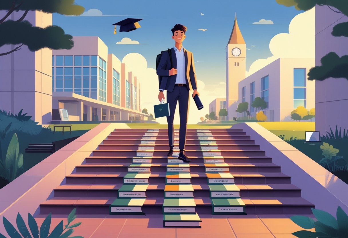 Earn Degree Online  A person climbing a staircase made of books toward a university campus, holding a diploma and a backpack.