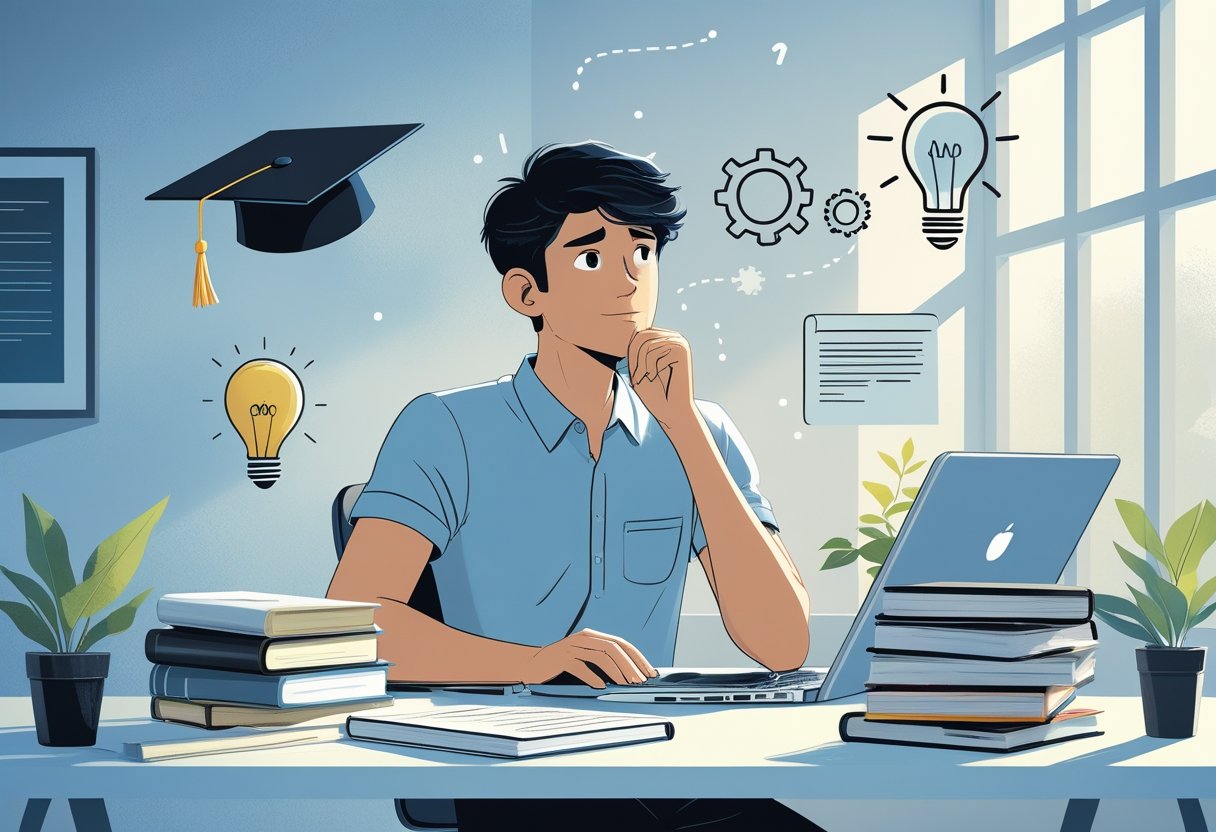 Earn Degree Online  A young adult sitting at a desk with a laptop and books, looking thoughtful, surrounded by symbols of education like a graduation cap and diplomas.