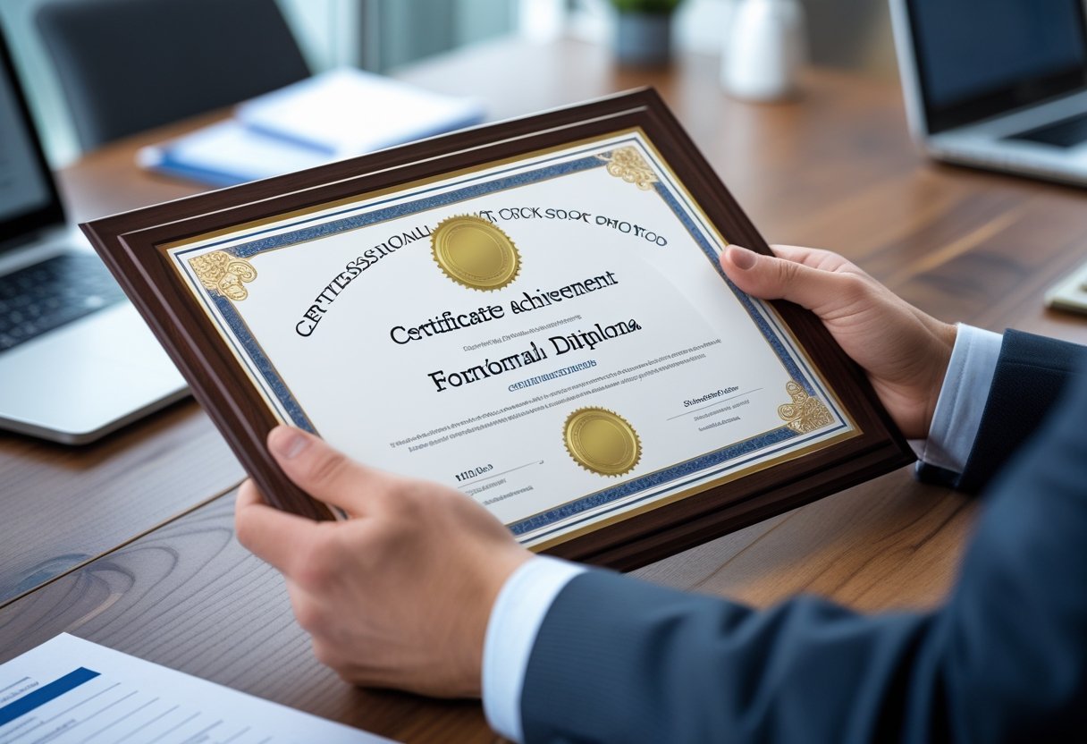 Buy Degree A person in a business suit handing money to another person behind a desk with a diploma on it, symbolising the exchange of money for a degree.