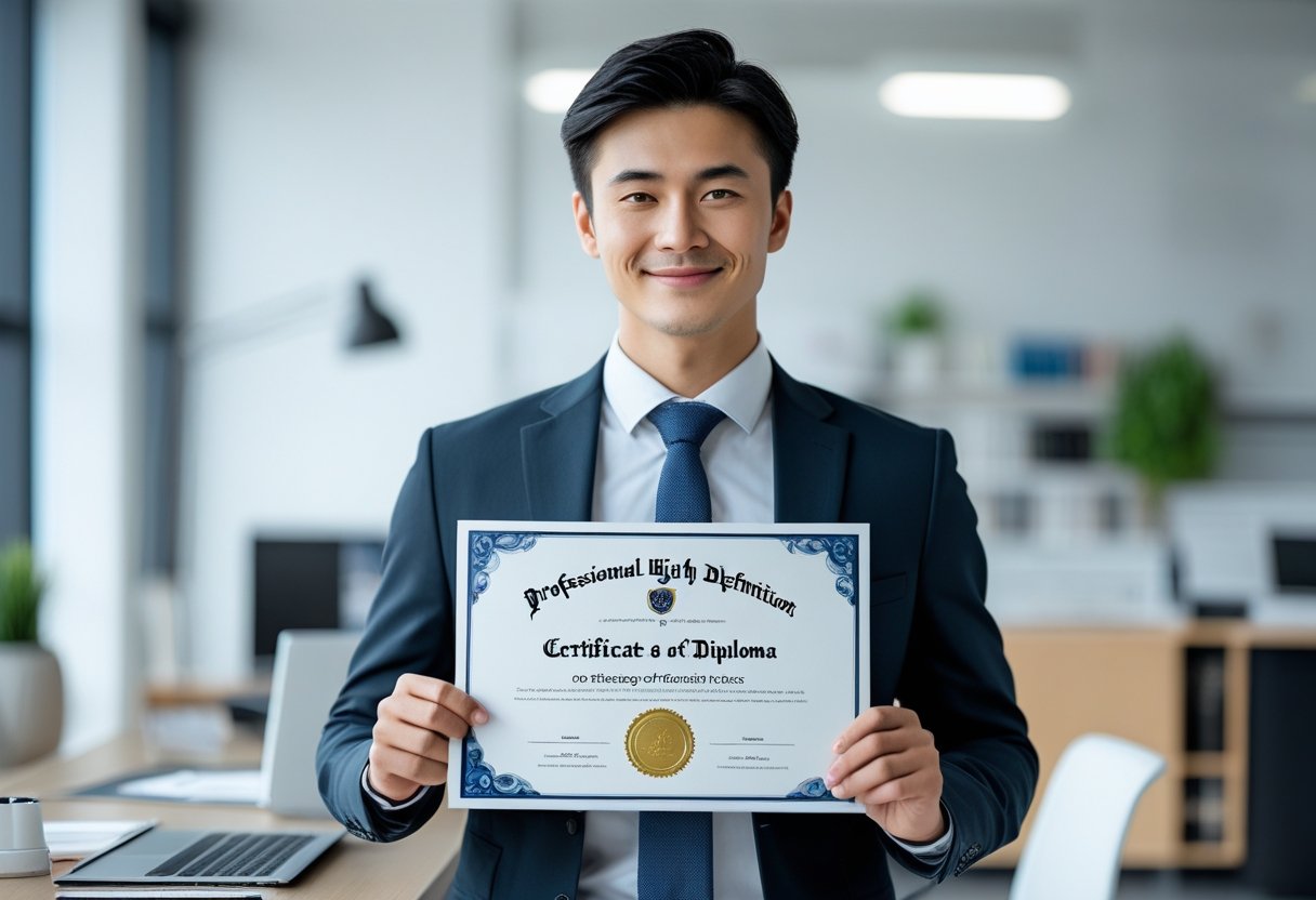 Buy Degree A person sitting at a desk with a laptop, surrounded by a digital certificate, a university building with a checkmark, books, and a graduation cap, symbolising accredited online degrees.