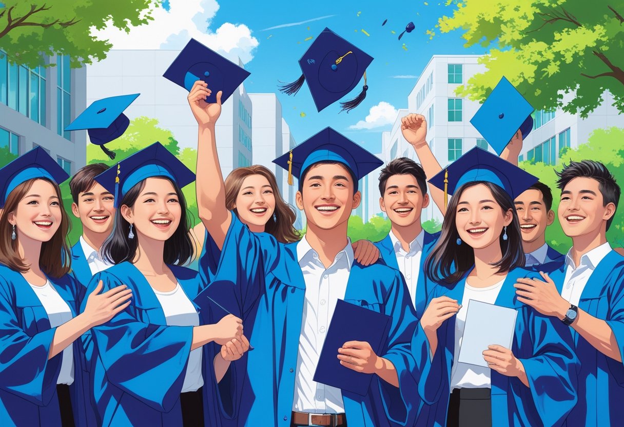 Earn Your Degree  A group of graduates in caps and gowns celebrating outdoors on a university campus, holding diplomas and smiling.