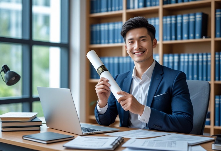 Buy A University Degree  A young adult smiling and holding a university diploma while sitting at a desk with a laptop and books in an office.