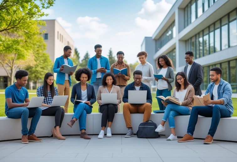Buy A University Degree  A group of young adults studying and discussing together on a university campus with modern buildings and greenery.