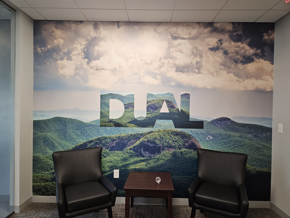 Custom wall wrap installed for office branding in Spartanburg, SC workplace