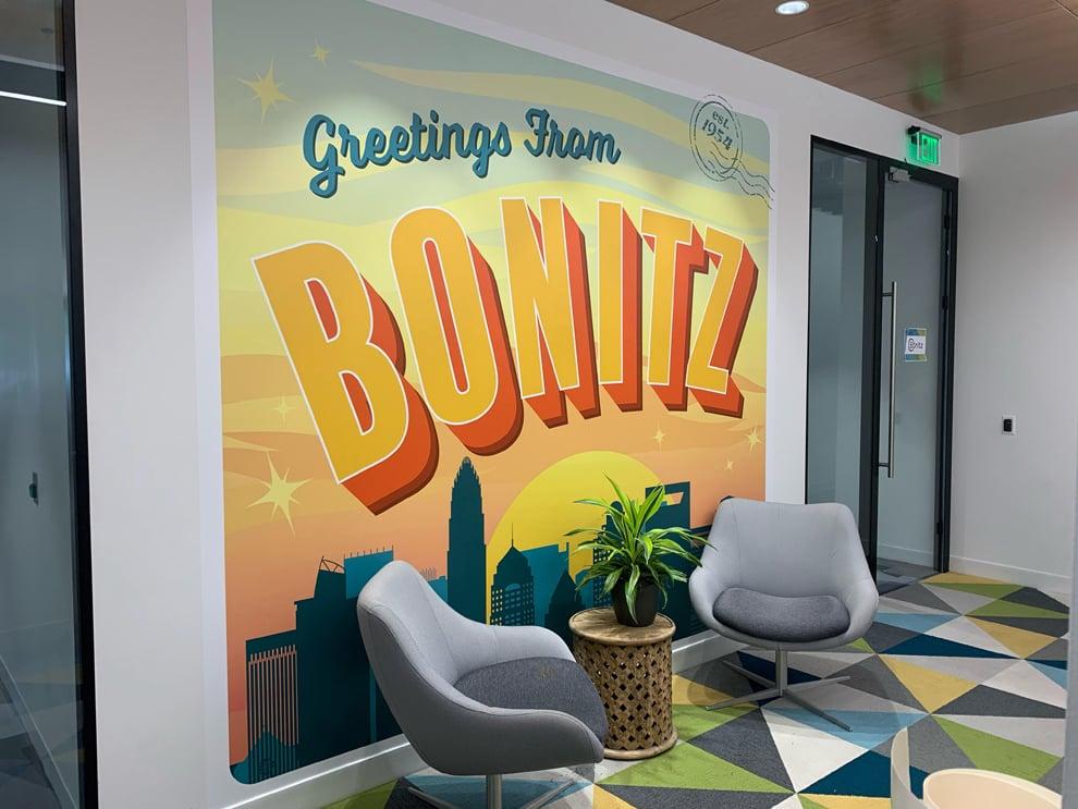 Event space wall mural with creative branding graphics Spartanburg, SC