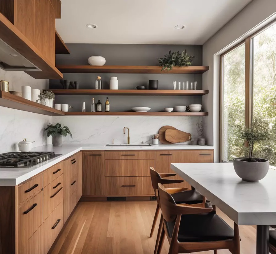 A kitchen with wood cabinets and shelves Description automatically generated