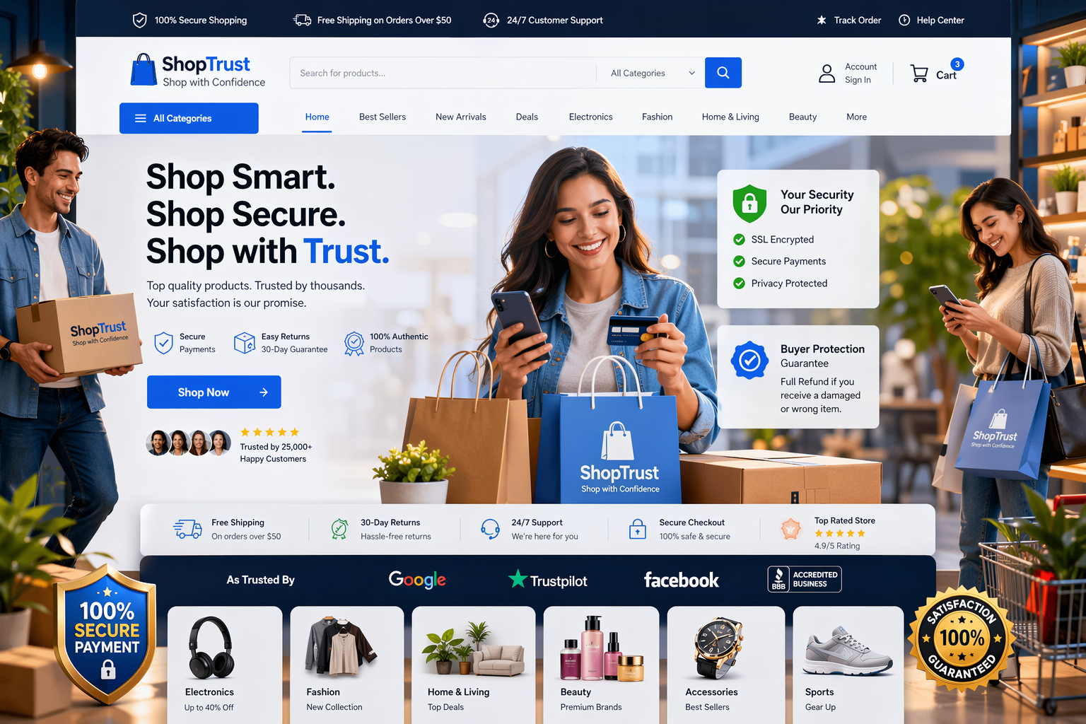 Thriving ecommerce storefront with trust icons