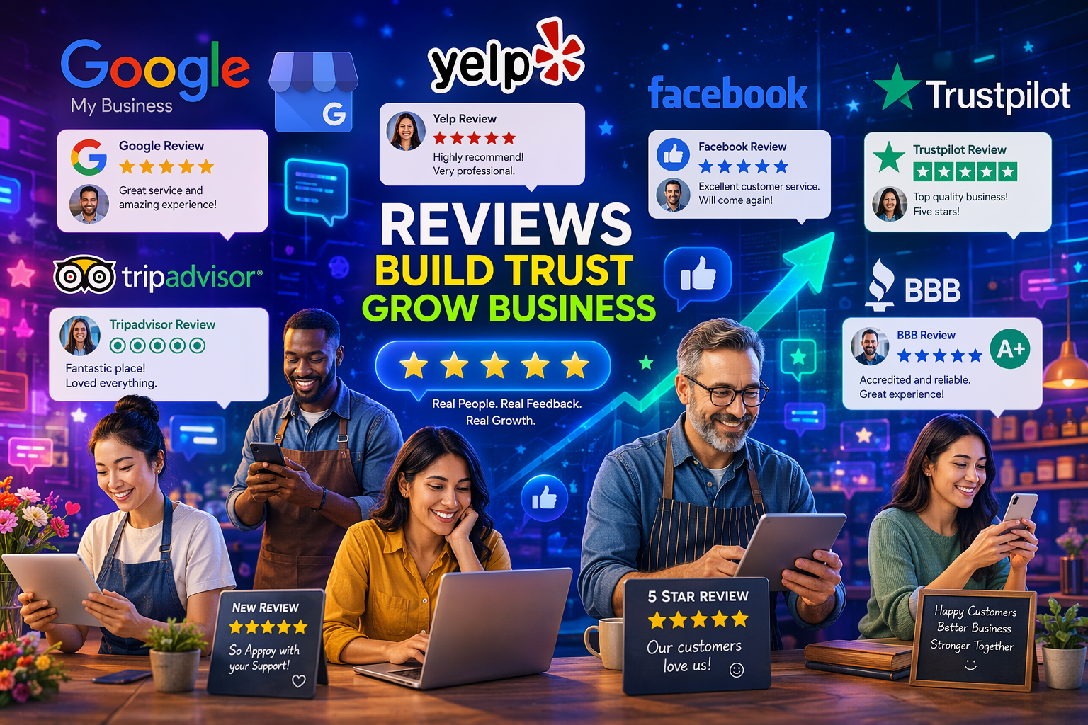 Collage of review platforms and business owners