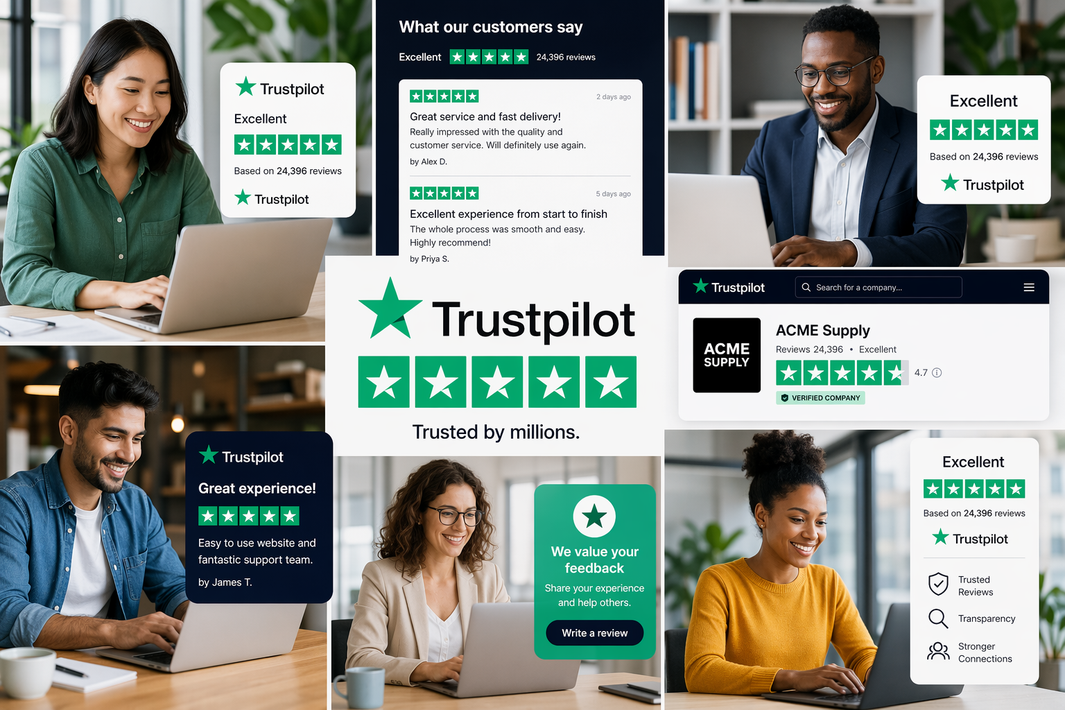 Diverse professionals reviewing online ratings
