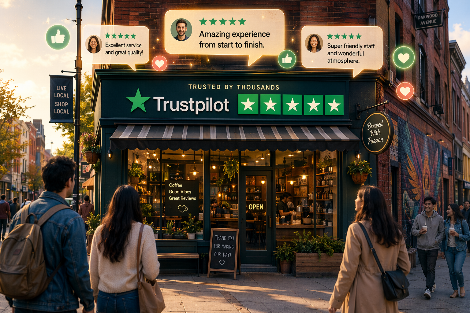 Storefront with Trustpilot stars and review icons