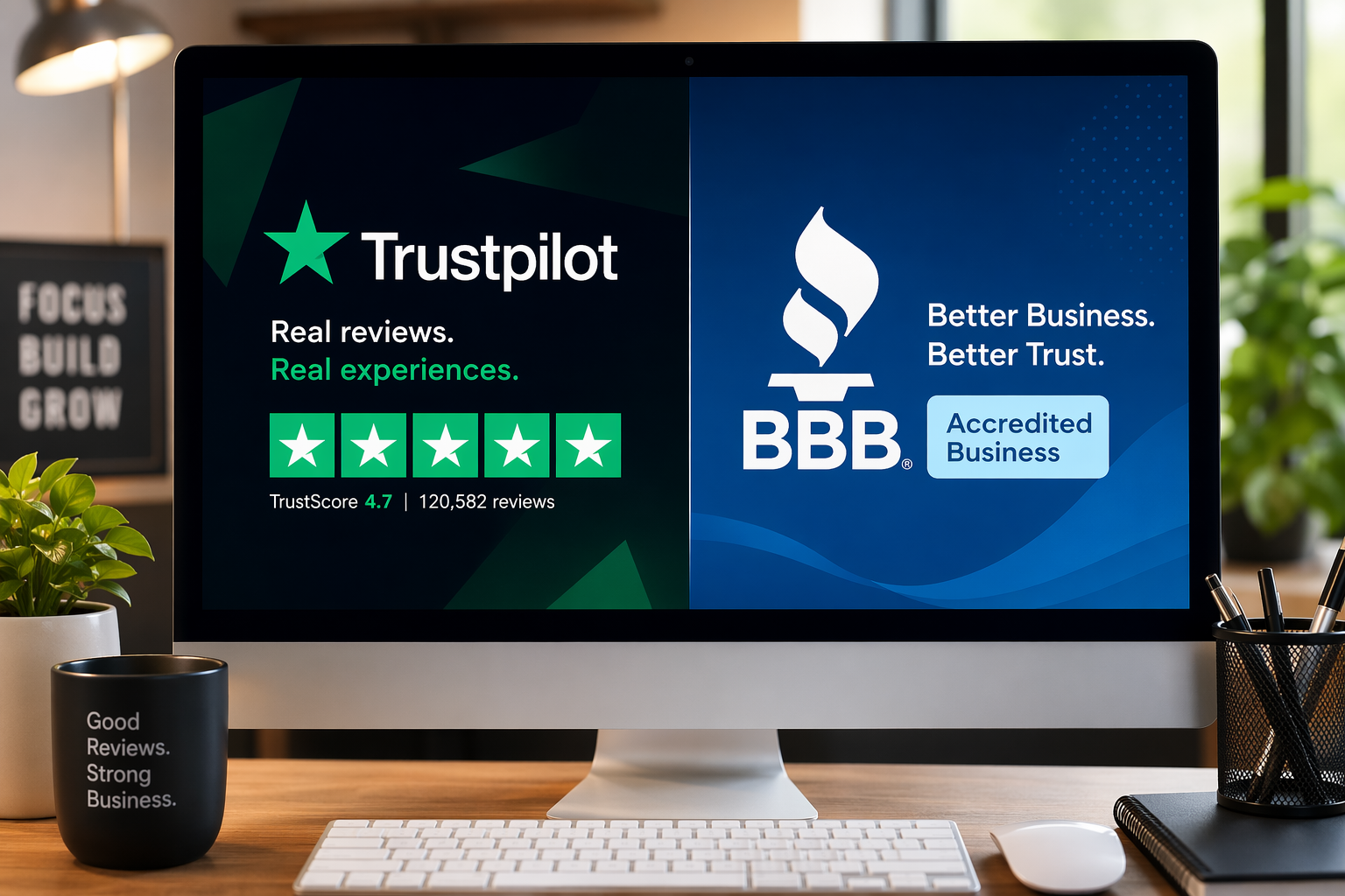 Computer displaying Trustpilot and BBB logos