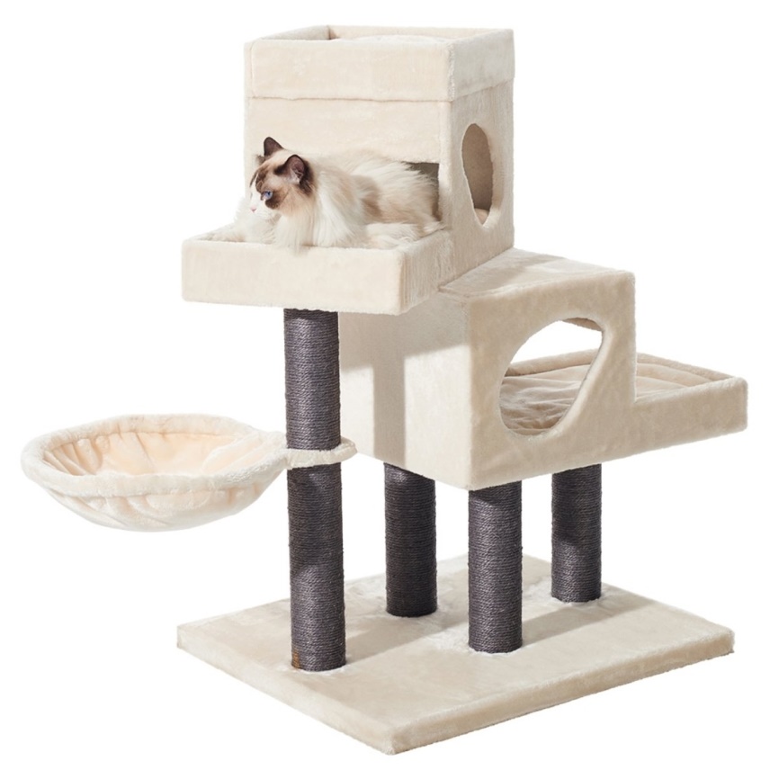 Sturdy scratching post Tarsus for cats in cream colour with trough and scratching post