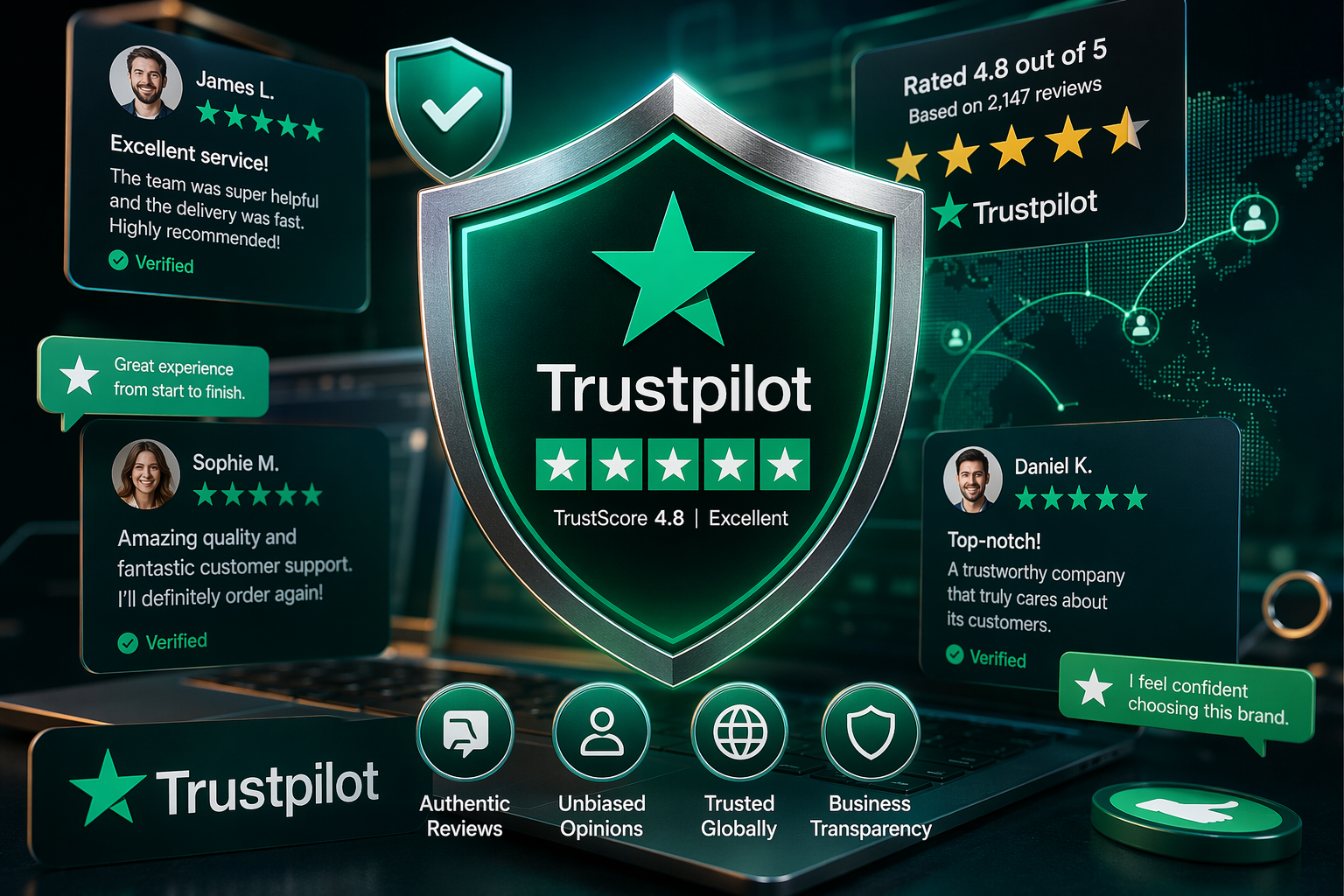 Colorful collage of trust and reviews