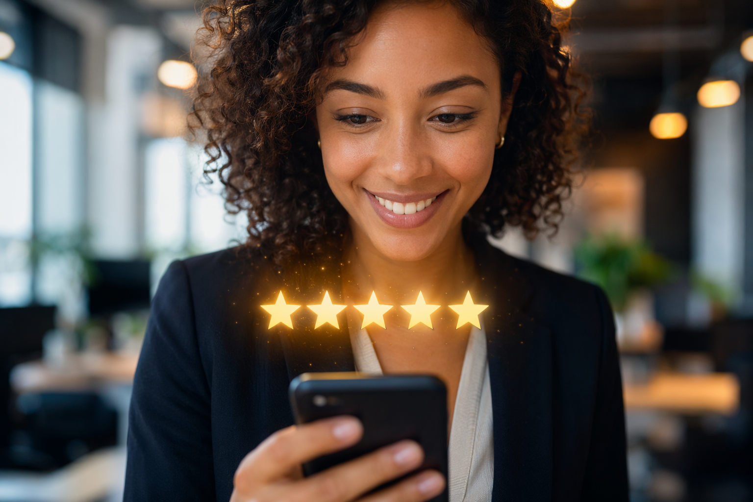 Five-star review above smartphone