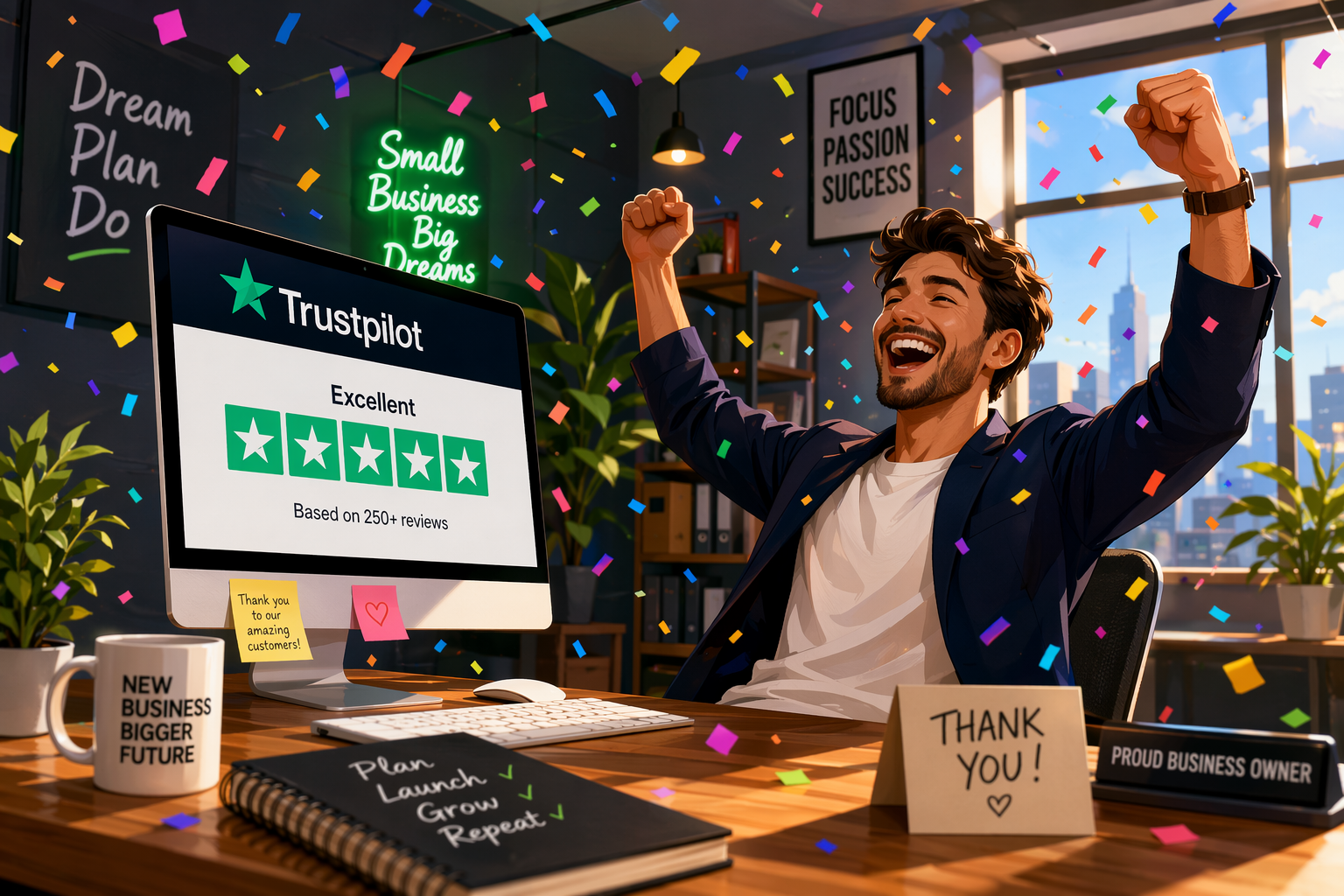 Business owner celebrating positive reviews