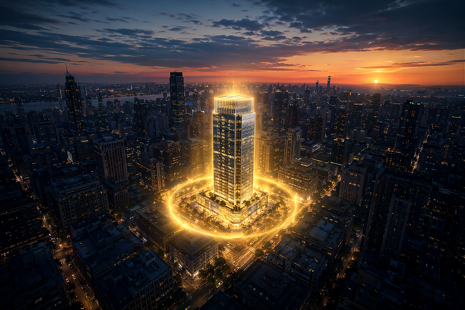 Business building with glowing reputation aura